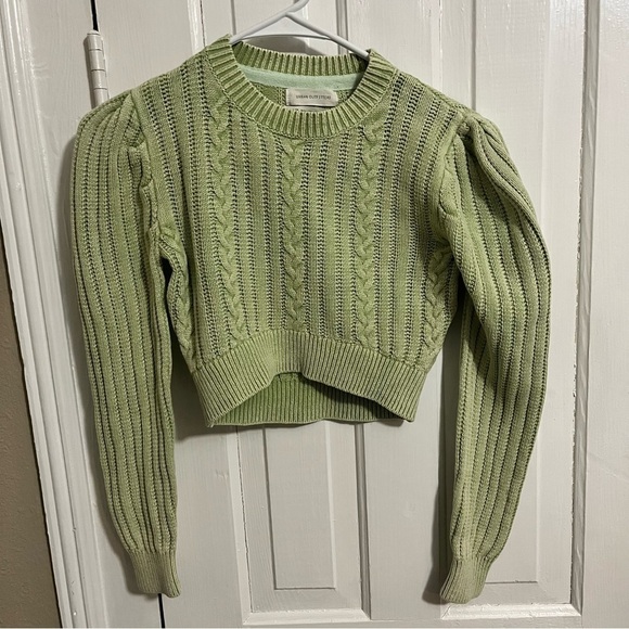 Urban Outfitters UO Cropped Cable Knit Sweater Puff Sleeves Green XS U - Picture 3 of 8